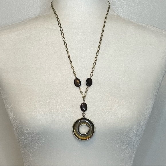 LARIAT Style Necklace 24” Gold Tone Striped Ring - Picture 3 of 8